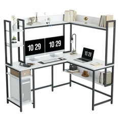 a computer desk with two shelves and a clock on the wall next to each other