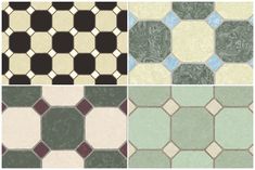 four different tile patterns in various colors and sizes, each with an interesting pattern on the floor