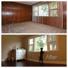 before and after pictures of an empty room with wood paneling