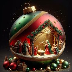 a christmas ornament with nativity scene in it's center surrounded by ornaments