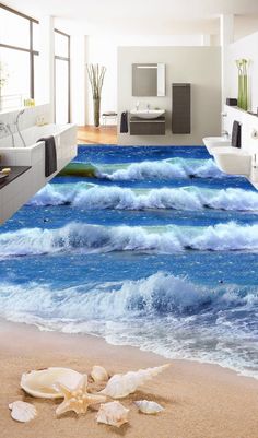 an ocean themed bathroom with starfish and waves on the beach, 3d flooring