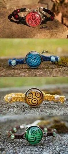 four bracelets with different designs on them