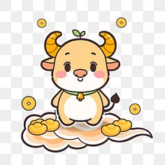 an animal with horns sitting on top of a cloud, cartoon character png and psd