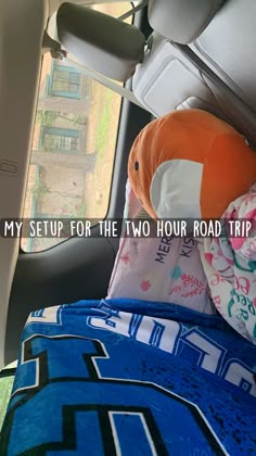 an orange and white stuffed animal sitting in the back seat of a car next to a window