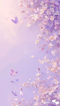 purple flowers and butterflies flying in the sky