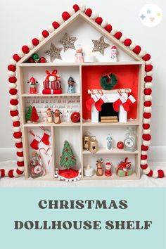 a dollhouse shelf with christmas decorations on it and the words, christmas dollhouse shelf