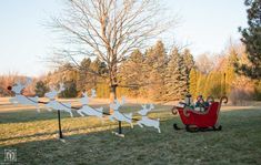 a sleigh with people in it on the grass