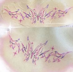 two different tattoos on the back of women's stomachs, one with pink and purple stars