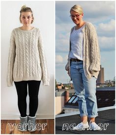 two pictures of a woman wearing jeans and sweaters, one is standing on the roof