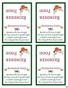 four christmas cards with reindeers on them and the words, good night, reindeer food