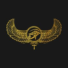 an egyptian symbol with the eye of horush on it's wings, gold color