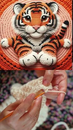 a hand holding a crocheted tiger on an orange and white background with the image of a tiger in it's center