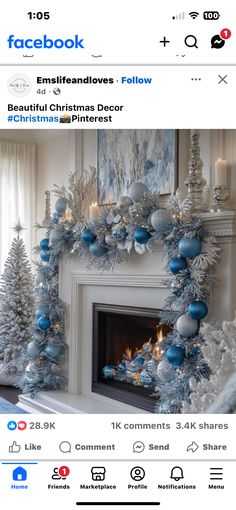 White And Blue Christmas Tree, White And Blue Christmas, White Silver Christmas, White And Silver Christmas, Home Christmas Decor, Christmas Preparation, Christmas Mantle, Christmas Fireplace