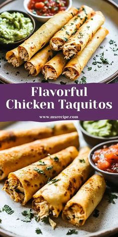 chicken taquitass with guacamole sauce and salsa on the side