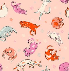 MUSE Wall Studio wallpaper Hand-Painted Sleeping Cats - Pink Cats Cats Pink, 2024 Wallpaper, Sleeping Cats, Fall Cats, Cat Prints, Conversational Prints, Pattern Design Inspiration, Children's Bedrooms, Ipad Kids