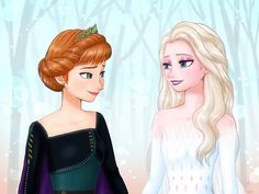 two women dressed as frozen princesses standing next to each other in front of trees