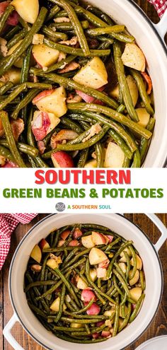 green beans and potatoes in a white pot with text overlay that reads southern green beans and potatoes