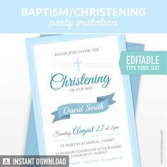 Baptism / Christening Invitation. Printable PDF File - Edit Text with Adobe Reader Christening Party Favors, Christening Banner, First Communion Party, Christening Invitation, Christening Party, Communion Party, Baptism Invitation, Baptism Party, Boy Baptism