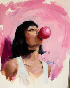 a painting of a woman with a pink nose and red ball in front of her face