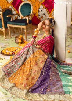 Buy Multi-Color Mehndi Dress in Traditional Pishwas style hand-embellished with zardosi and sequin work. Custom Sizes. Available Online. Fast Shipping Anarkali Jamawar Lehenga With Dabka, Anarkali Lehenga With Dabka In Jamawar, Anarkali Style Lehenga With Dabka On Jamawar, Anarkali Choli In Raw Silk With Dabka Detailing, Bollywood Style Jamawar Choli For Eid, Designer Jamawar Lehenga With Mirror Work, Traditional Draped Lehenga With Mirror Work In Jamawar, Festive Jamawar Lehenga With Dabka Work, Festive Dola Silk Choli With Dabka Details