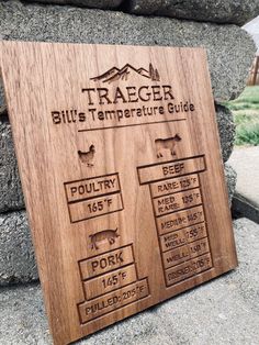 a wooden sign that says traeger bill's temperature guide on the side of a stone wall