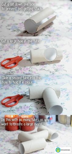 the instructions for how to make toilet paper rolls with scissors and glue on them are shown in three different ways