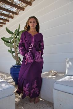 "**Note : The Kaftans we have at the moment are a darker shade of purple than the one worn by the model. Please see last picture for the comparison.** This bohemian multicolour embroidery dress is a an eye catcher! It is an extremely comfortable wear, light and soft and can be used on many occasions - home gatherings, festival parties, summer occasions, dinners, or just in your home to feel comfortable. -----------Medium------------ Bust : 39-40 Hip : 45-46 -----------Large---------------- Bust Summer Caftan, Embroidered Caftan, Kaftan Designs, Cotton Caftan, Kaftan Maxi Dress, Caftan Dress, Tights Outfit, Dress Purple, Embroidery Dress