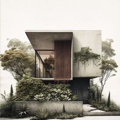 a drawing of a house with plants growing on the outside