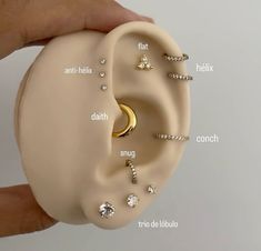 a person holding an ear with different types of piercings attached to the inside of it