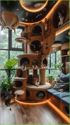 a cat tree in the middle of a living room