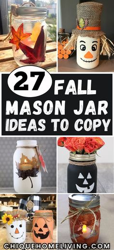 mason jar crafts with pumpkins, leaves and jack - o'- lantern faces