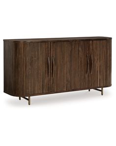 the sideboard is made from wood and has two doors, one with metal handles