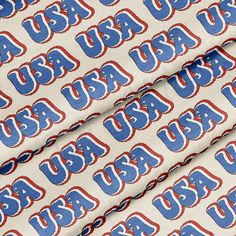 an image of usa fabric with the word usa printed on it in red, white and blue