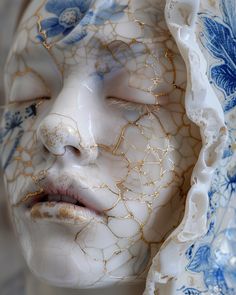 a woman's face is covered in blue and white porcelain