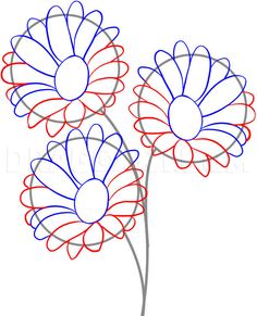 two red and blue flowers are shown in the shape of an outline on a white background