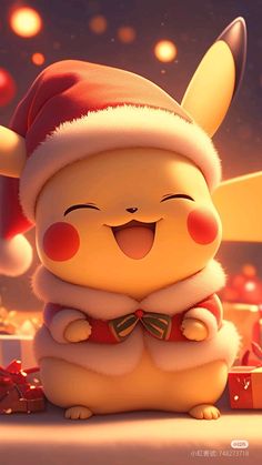 a cute little pikachu in a santa hat