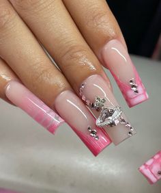 Glam Nails Aesthetic, Unique Red Acrylic Nails, Baddie Nail Ideas Medium Length, Pink Nails With Charms, Birthday Nails Virgo, Extra Birthday Nails, Birthday Nail, Acrylic Nail Set, Pretty Accessories