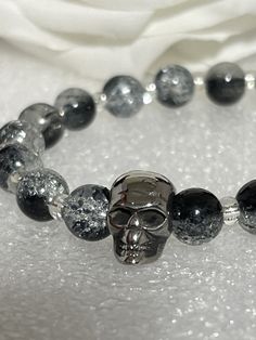 Crackle glass beads clear and black elastic skull bracelet Pom Pom Earrings, Glass Bead Bracelet, Skull Bracelet, Beaded Skull, Crackle Glass, Glass Beaded Bracelets, Bead Bracelets, Stretchy Bracelets, Elastic Bracelet