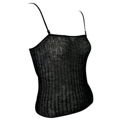 Presenting a black knit spaghetti strap Gucci tank top, designed by Tom Ford. From the Spring/Summer 1998 collection, this stunning tank top features a square neckline and moveable metal branded charms attached to the straps. Not your average tank top, this Gucci by Tom Ford tank is a must-have for Tom Ford Gucci lovers and collectors alike. Approximate measurements: Size - Medium 20" shoulder to hem 32" - 38" bust 30" - 40" waist 67% wool, 33% nylon Farfetch Gucci Top, Luxury Black Women's Tank Top, Luxury Tops With Tank Straps, Luxury Party Tops With Tank Straps, Luxury Women's Spaghetti Strap Halter Top, Luxury Chic Tops With Spaghetti Straps, Luxury Summer Tops With Spaghetti Straps, Luxury Evening Tops With Tank Straps, Luxury Fitted Tank Top For Party