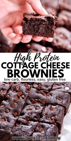 chocolate brownies are stacked on top of each other with text overlay that reads high protein cottage cheese brownies low carb, flourless easy