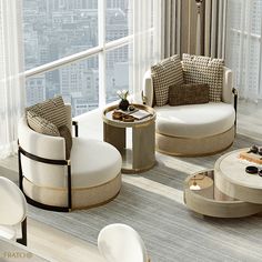 a living room filled with lots of furniture and tall buildings in the backround