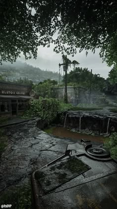 an abandoned car in the middle of a forest with water running down it's side