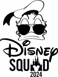 the disney squad logo is shown in black and white with an image of a duck wearing sunglasses