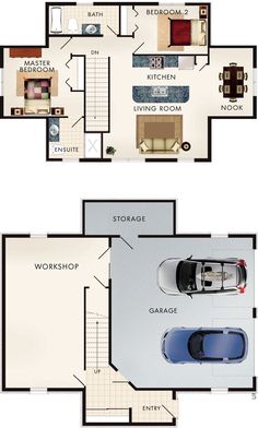 two floor plans for a house with an attached garage and living room in the middle