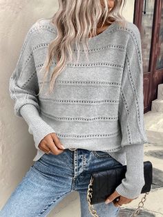 Women's Casual Solid Color Textured Boat Neck Loose Batwing Sweater Grey Casual  Extra-Long Sleeve Knitwear Plain Pullovers Medium Stretch  Women Clothing, size features are:Bust: ,Length: ,Sleeve Length: Mens Winter Socks, Batwing Sweater, Extra Long Sleeves, Sweater Grey, Boatneck Sweater, Cosplay Dress, Loose Sweater, Casual Sweaters, Inspiration Mode