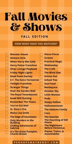 the fall movies and shows list is shown on an orange checkered tablecloth background