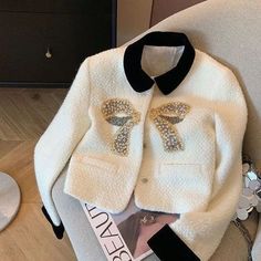 Elegant Patchwork Outerwear For Fall, Winter Embellished Blazer For Workwear, Winter Workwear Embellished Blazer, Winter Party Tweed Outerwear, White Embellished Winter Outerwear, Beige Short Coat, Chanel Style Jacket, Female Jacket, Tweed Jackets