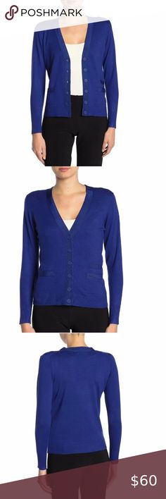 T Tahari Grosgrain Ribbon Trim V-Neck Cardigan Style #TH94343NR Tonal grosgrain ribbon trim elevates this V-neck cardigan with a sophisticated style. - V-neck - Long sleeves - Front button closure - 3 front welt pockets - Grosgrain ribbon trim - Approx. 24" length (size S) - Imported Fiber Content 80% viscose, 20% nylon T Tahari Sweaters Cardigans Thick Cardigan, Puff Sleeve Cardigan, Rib Knit Cardigan, Button Front Cardigan, Knit Wrap, Button Cardigan, Knit Tunic, V Neck Cardigan, Cardigan Fashion