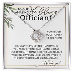 a necklace with an inscription on it that says, to our amazing wedding officiant