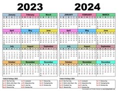 2023 and 2024 Calendar with Holidays Printable Free. Downloadable and Colorful Two-year Calendar Template with USA Federal Holidays. 2023 2024 Calendar, 2023 Calendar Printable, 2024 Calendar Printable, Free Printable Numbers, Graduation Diploma, Cute Calendar, Year Calendar, Blue Background Images, Calendar 2023